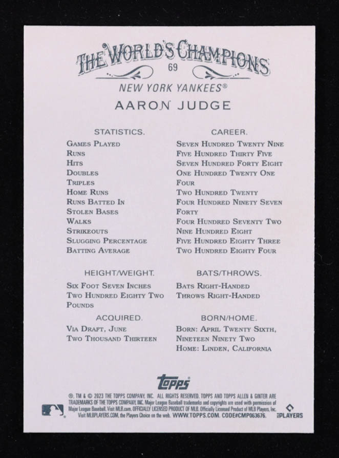 Aaron Judge 2023 Topps Allen and Ginter #69 at PristineAuction.com Aaron Judge 2023 Topps Allen and Ginter #69 at PristineAuction.com