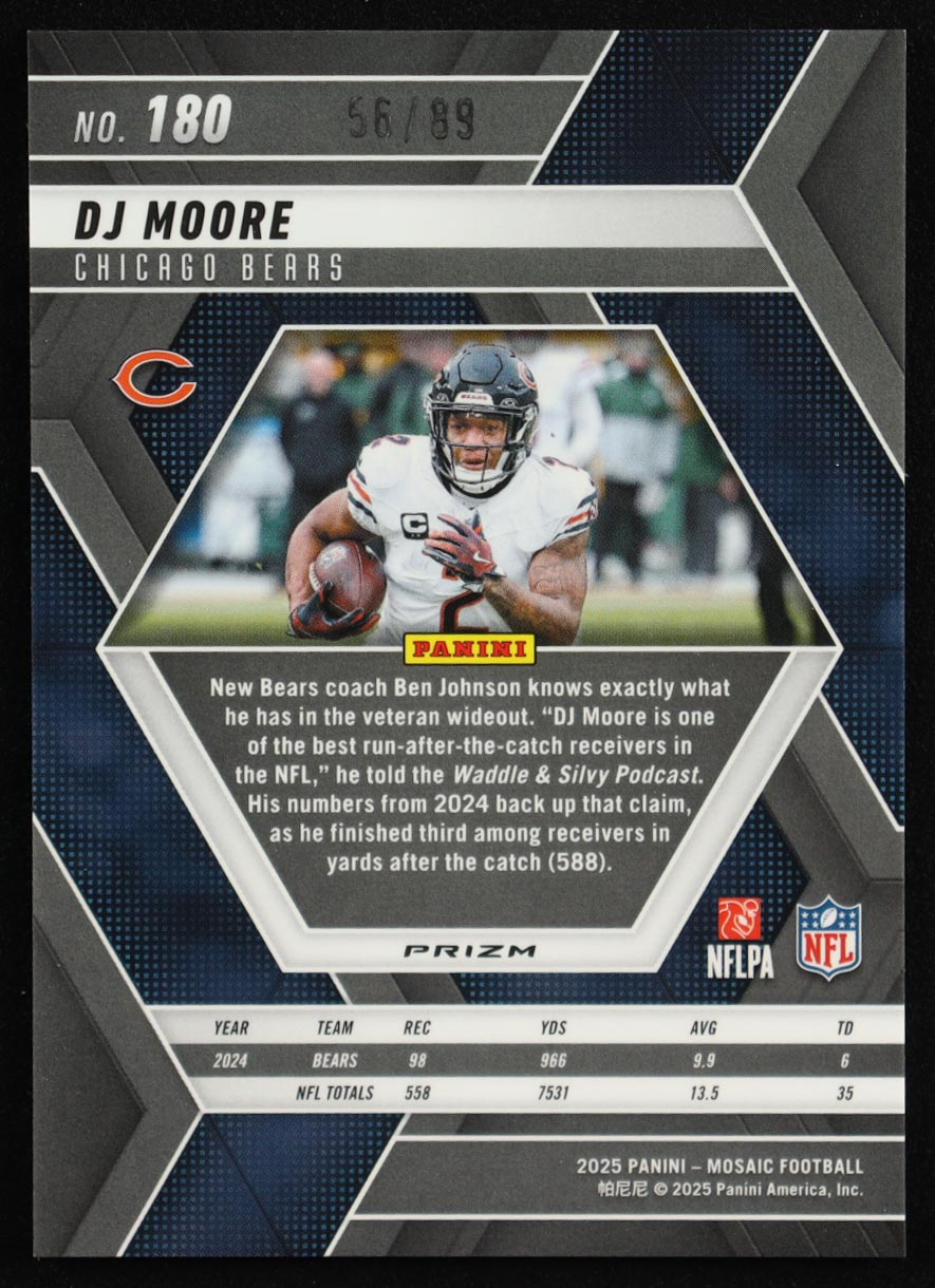 D.J. Moore 2025 Panini Mosaic Mosaic Choice Fusion Red and Yellow #180 #56/89 at PristineAuction.com D.J. Moore 2025 Panini Mosaic Mosaic Choice Fusion Red and Yellow #180 #56/89 at PristineAuction.com