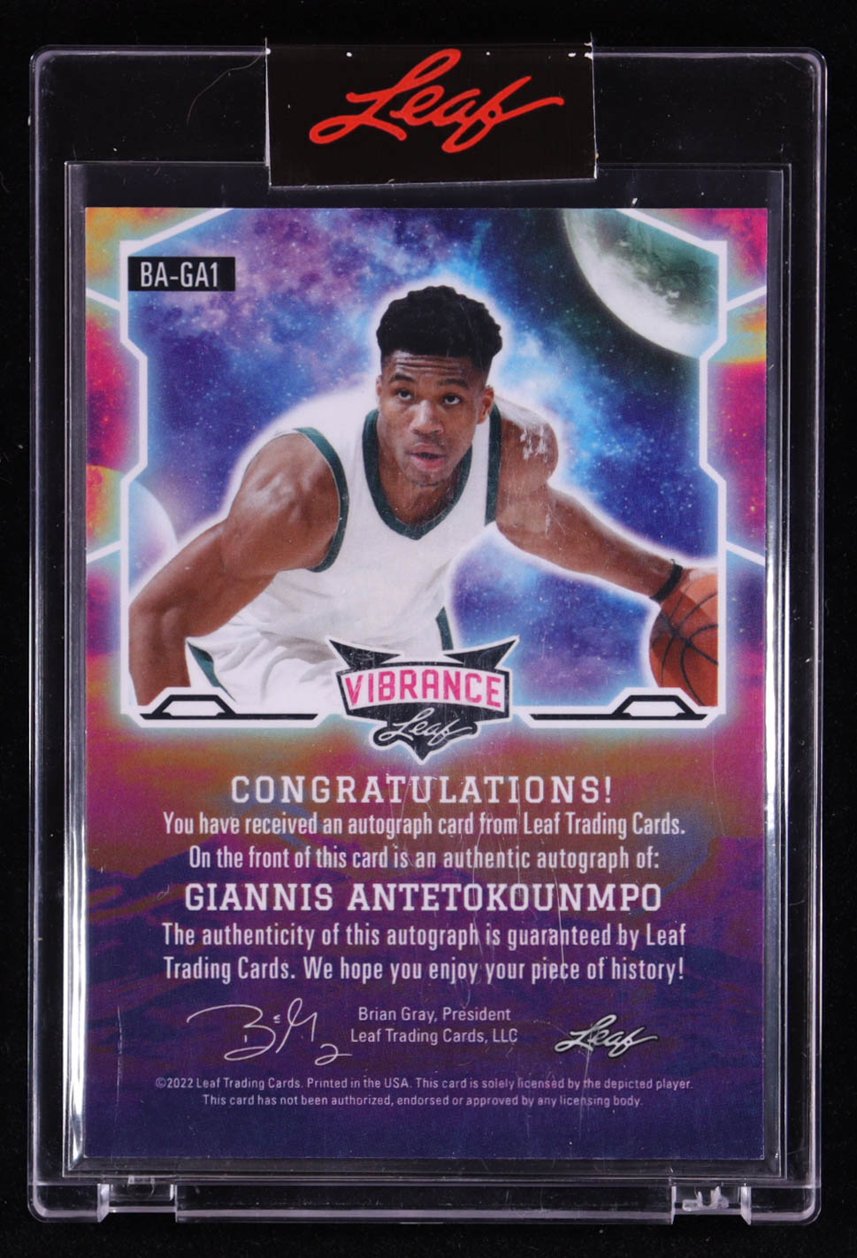 Giannis Antetokounmpo 2022 Leaf Vibrance Autographs Prismatic Black #BAGA1 at PristineAuction.com Giannis Antetokounmpo 2022 Leaf Vibrance Autographs Prismatic Black #BAGA1 at PristineAuction.com