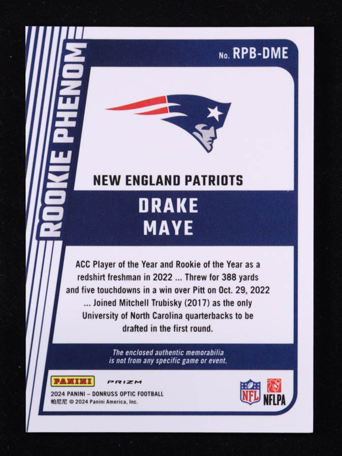 Drake Maye 2024 Donruss Optic Rookie Phenoms Blue Hyper #12 RC at PristineAuction.com Drake Maye 2024 Donruss Optic Rookie Phenoms Blue Hyper #12 RC at PristineAuction.com