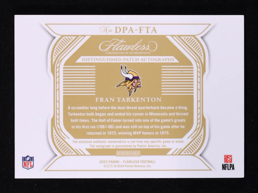 Fran Tarkenton 2023 Panini Flawless Distinguished Patch Autographs #6 #10/25 at PristineAuction.com Fran Tarkenton 2023 Panini Flawless Distinguished Patch Autographs #6 #10/25 at PristineAuction.com