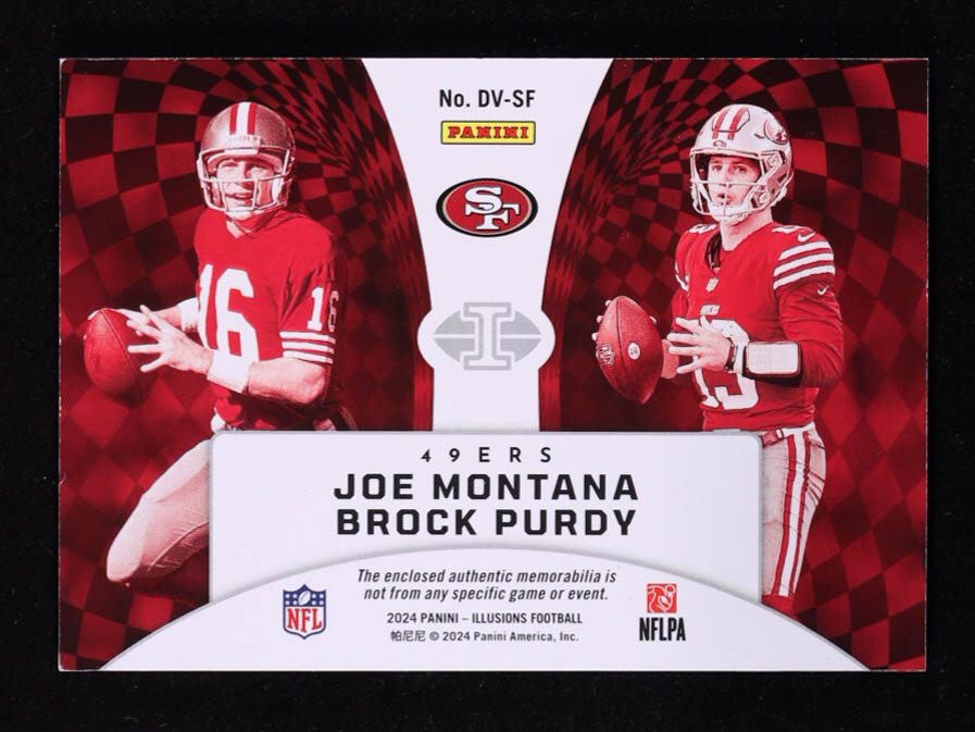 Joe Montana / Brock Purdy 2024 Panini Illusions Deja Vu Jerseys Gold #1 #11/25 at PristineAuction.com Joe Montana / Brock Purdy 2024 Panini Illusions Deja Vu Jerseys Gold #1 #11/25 at PristineAuction.com