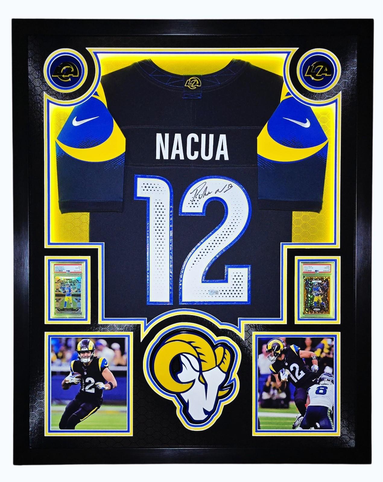 Puka Nacua Signed Rams Custom Framed Nike Jersey with LED Display & (2) PSA 10 Graded Rookie Cards (Beckett) at PristineAuction.com Puka Nacua Signed Rams Custom Framed Nike Jersey with LED Display & (2) PSA 10 Graded Rookie Cards (Beckett) at PristineAuction.com