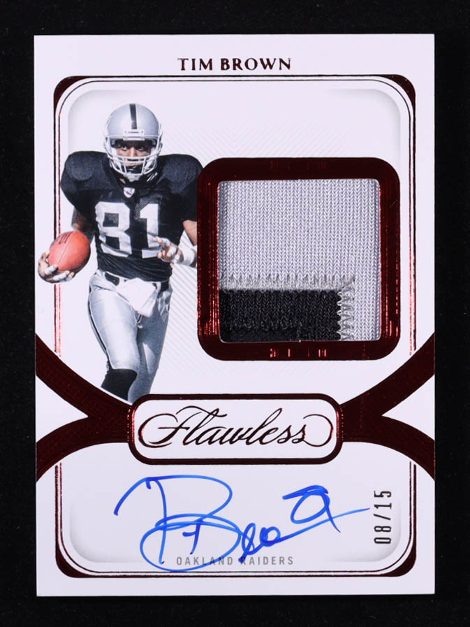 Tim Brown 2024 Panini Flawless Distinguished Patch Autographs Ruby #14 #08/15 at PristineAuction.com Tim Brown 2024 Panini Flawless Distinguished Patch Autographs Ruby #14 #08/15 at PristineAuction.com