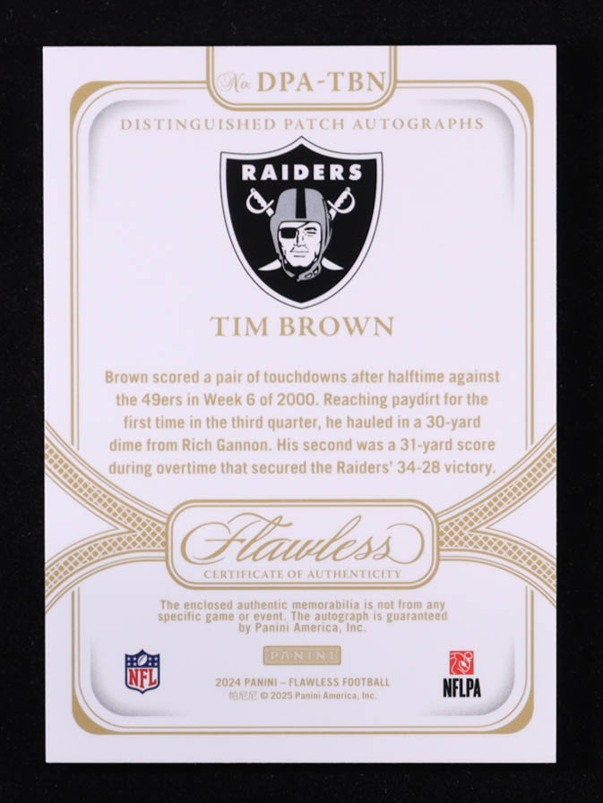 Tim Brown 2024 Panini Flawless Distinguished Patch Autographs Ruby #14 #08/15 at PristineAuction.com Tim Brown 2024 Panini Flawless Distinguished Patch Autographs Ruby #14 #08/15 at PristineAuction.com