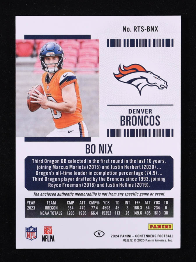 Bo Nix 2024 Panini Contenders Rookie Ticket Swatches Variations #42 RC at PristineAuction.com Bo Nix 2024 Panini Contenders Rookie Ticket Swatches Variations #42 RC at PristineAuction.com