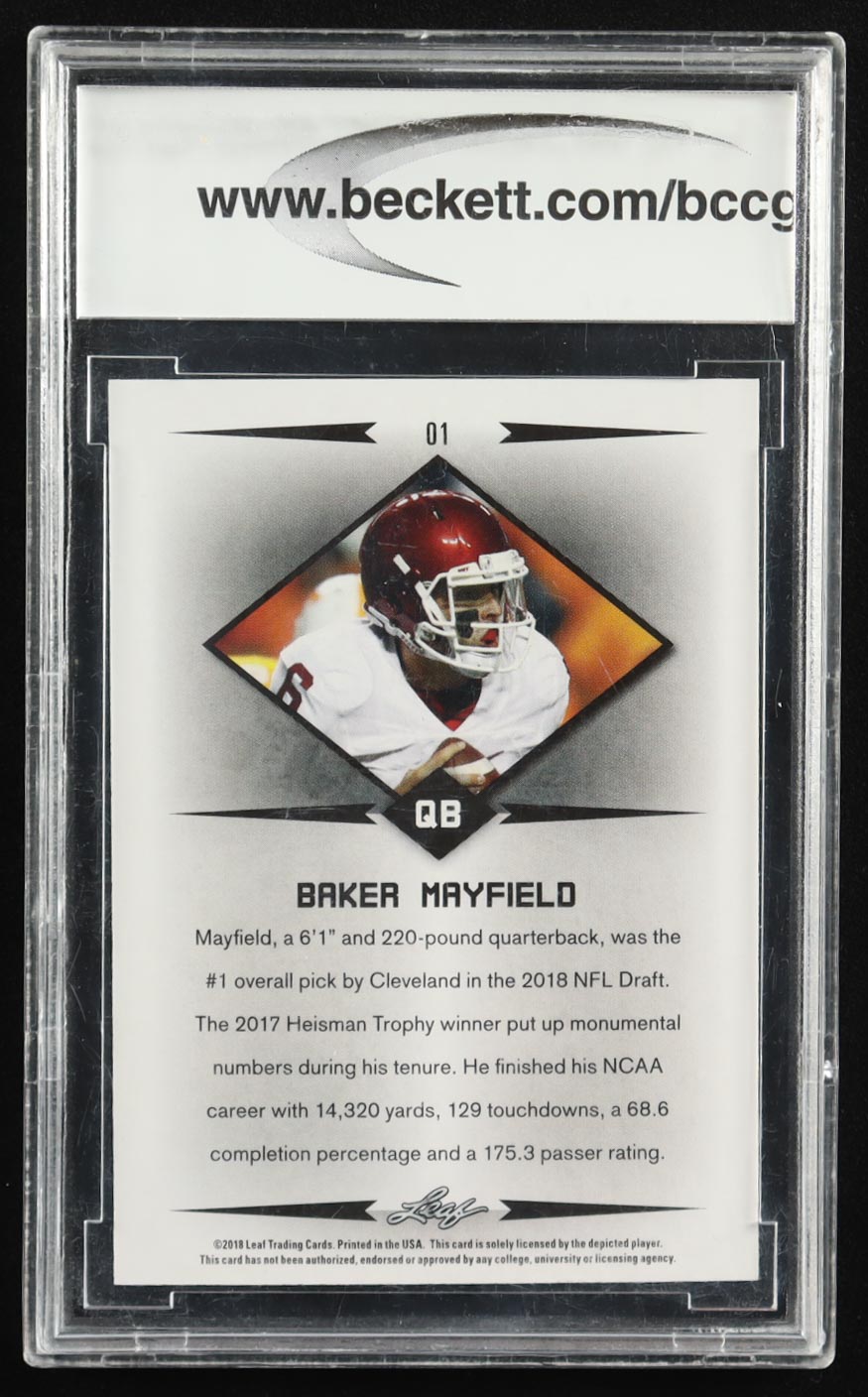 Baker Mayfield 2018 Leaf Rookie Star #01 RC (BCCG 10) at PristineAuction.com Baker Mayfield 2018 Leaf Rookie Star #01 RC (BCCG 10) at PristineAuction.com
