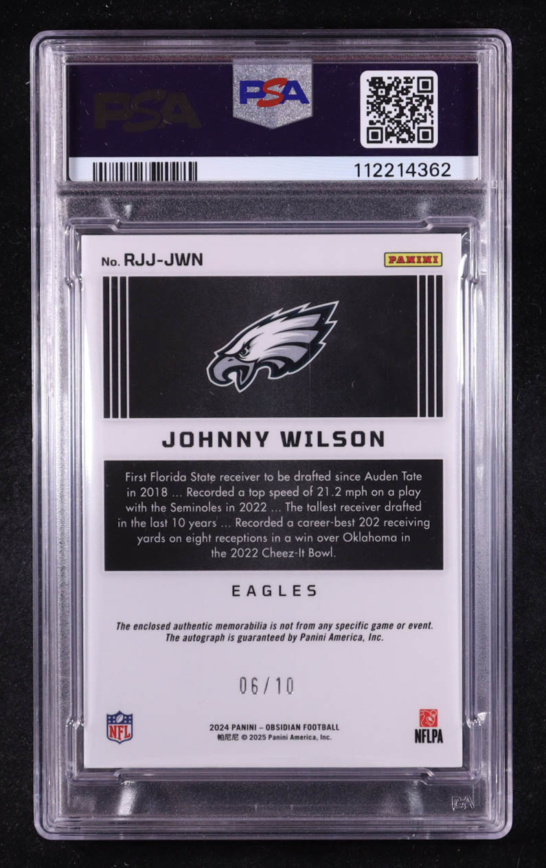 Johnny Wilson 2024 Panini Obsidian Rookie Jumbo Jersey Autographs Gold #233 #06/10 (PSA 8) at PristineAuction.com Johnny Wilson 2024 Panini Obsidian Rookie Jumbo Jersey Autographs Gold #233 #06/10 (PSA 8) at PristineAuction.com