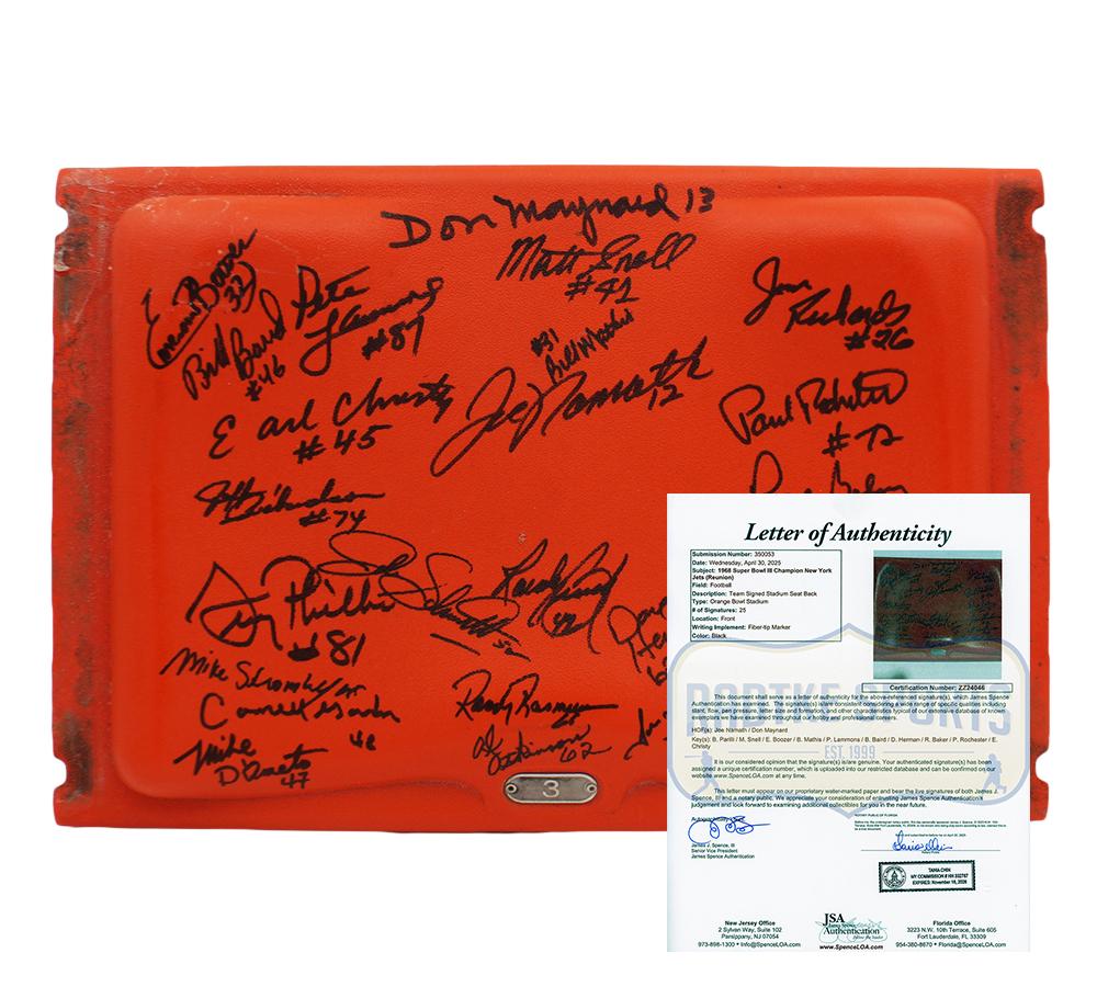 1969 Jets Orange Bowl Stadium Seatback Team-Signed By (25) with Joe Namath, Don Maynard, Babe Parilli (JSA) at PristineAuction.com 1969 Jets Orange Bowl Stadium Seatback Team-Signed By (25) with Joe Namath, Don Maynard, Babe Parilli (JSA) at PristineAuction.com