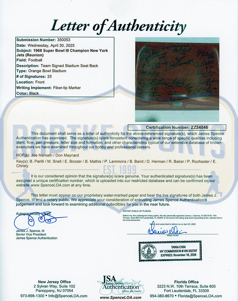 1969 Jets Orange Bowl Stadium Seatback Team-Signed By (25) with Joe Namath, Don Maynard, Babe Parilli (JSA) at PristineAuction.com 1969 Jets Orange Bowl Stadium Seatback Team-Signed By (25) with Joe Namath, Don Maynard, Babe Parilli (JSA) at PristineAuction.com