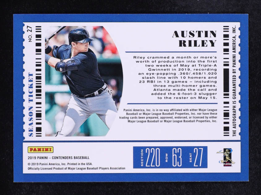 Austin Riley 2019 Panini Contenders Season Ticket Autographs #27 RC at PristineAuction.com Austin Riley 2019 Panini Contenders Season Ticket Autographs #27 RC at PristineAuction.com
