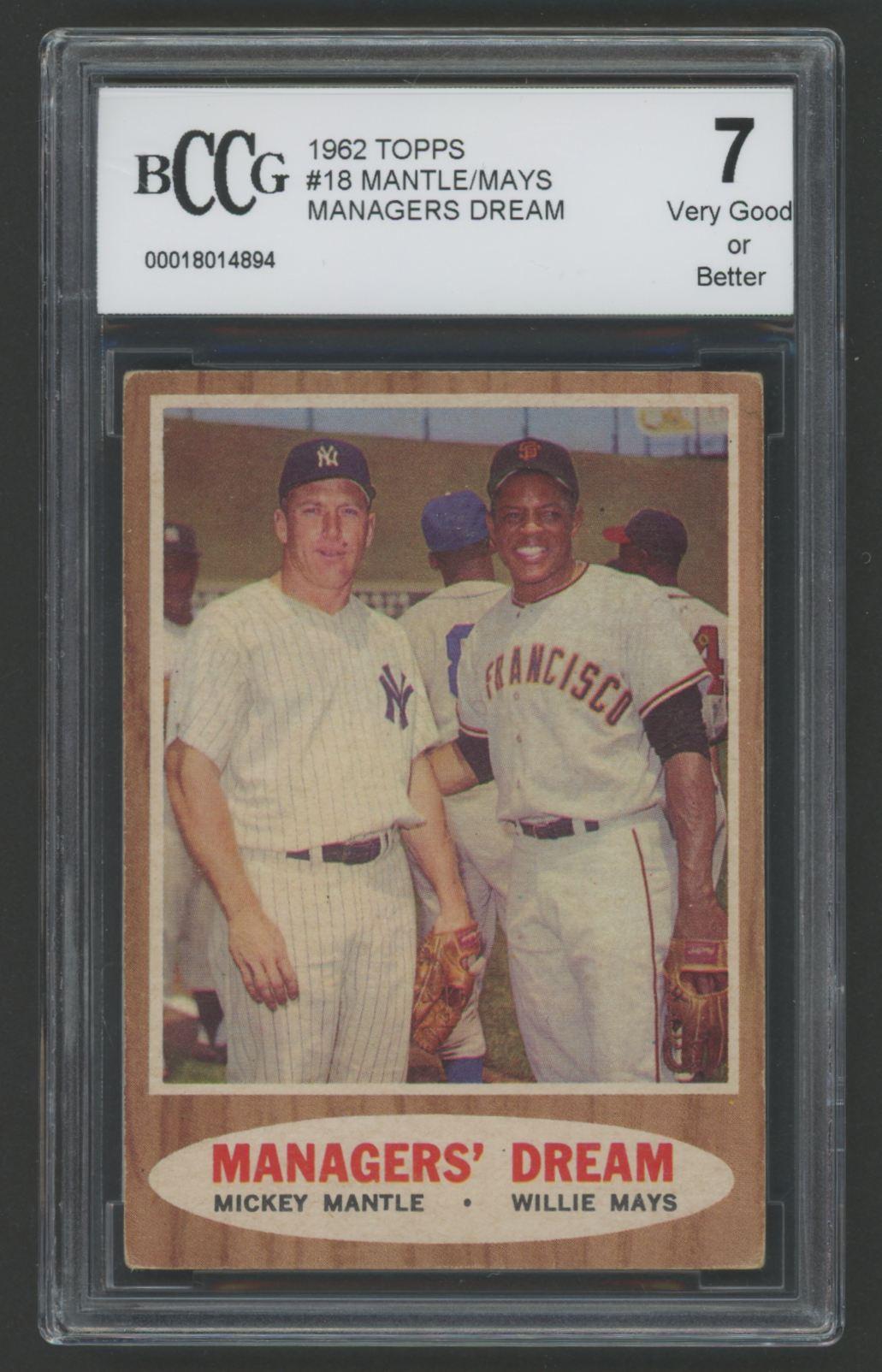 Mickey Mantle / Willie Mays 1962 Topps #18 Managers Dream (BCCG 7) at PristineAuction.com Mickey Mantle / Willie Mays 1962 Topps #18 Managers Dream (BCCG 7) at PristineAuction.com