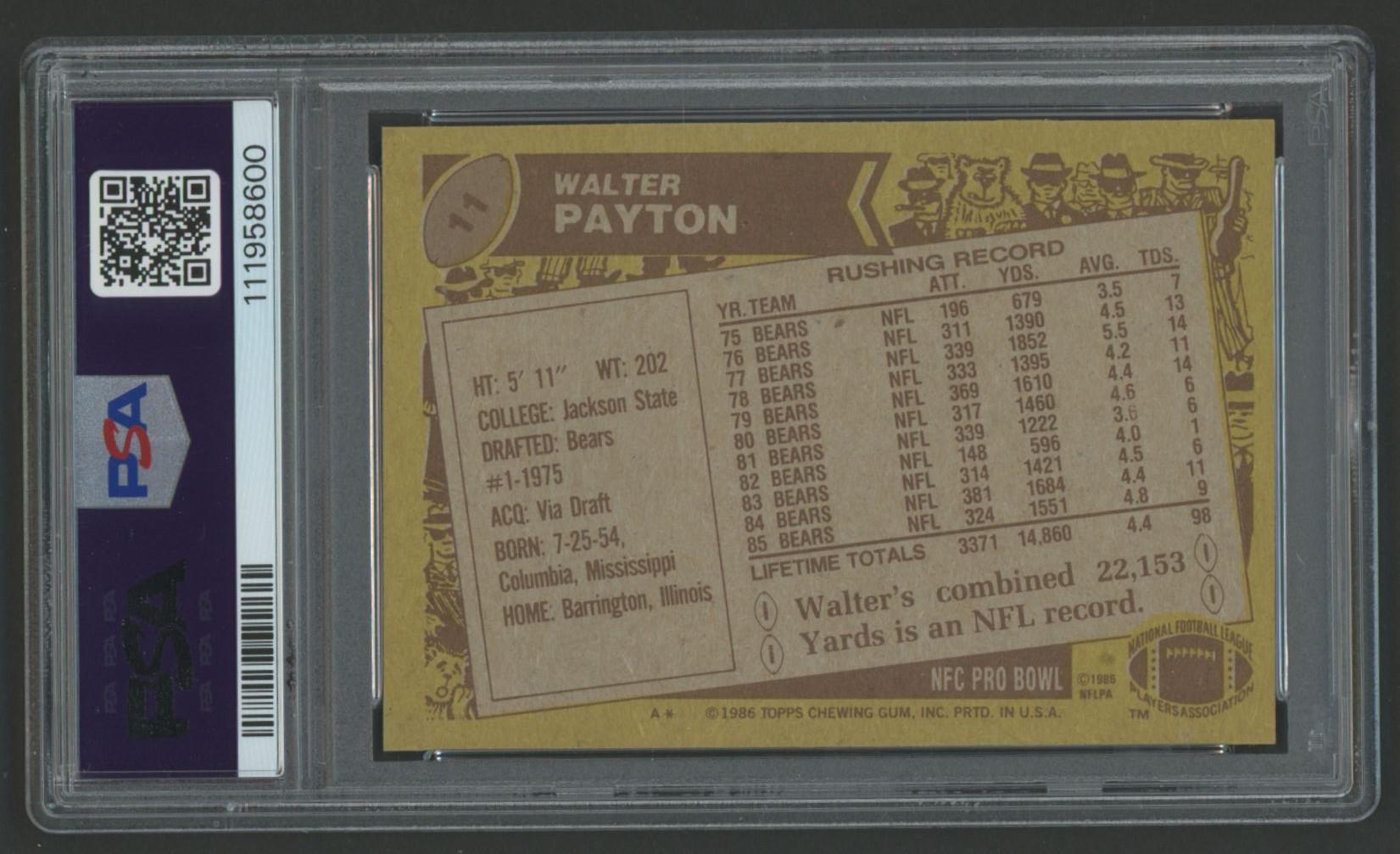 Walter Payton 1986 Topps #11 AP (PSA 8) at PristineAuction.com Walter Payton 1986 Topps #11 AP (PSA 8) at PristineAuction.com