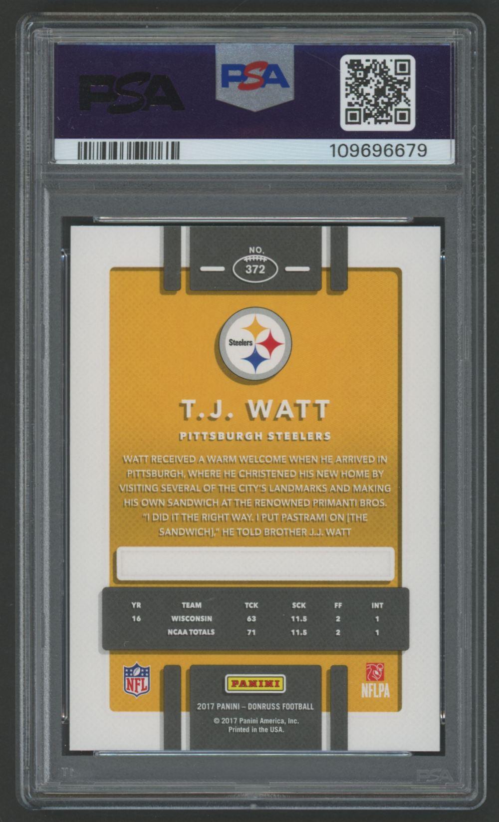 T.J. Watt 2017 Donruss #372 RC (PSA 10) at PristineAuction.com T.J. Watt 2017 Donruss #372 RC (PSA 10) at PristineAuction.com