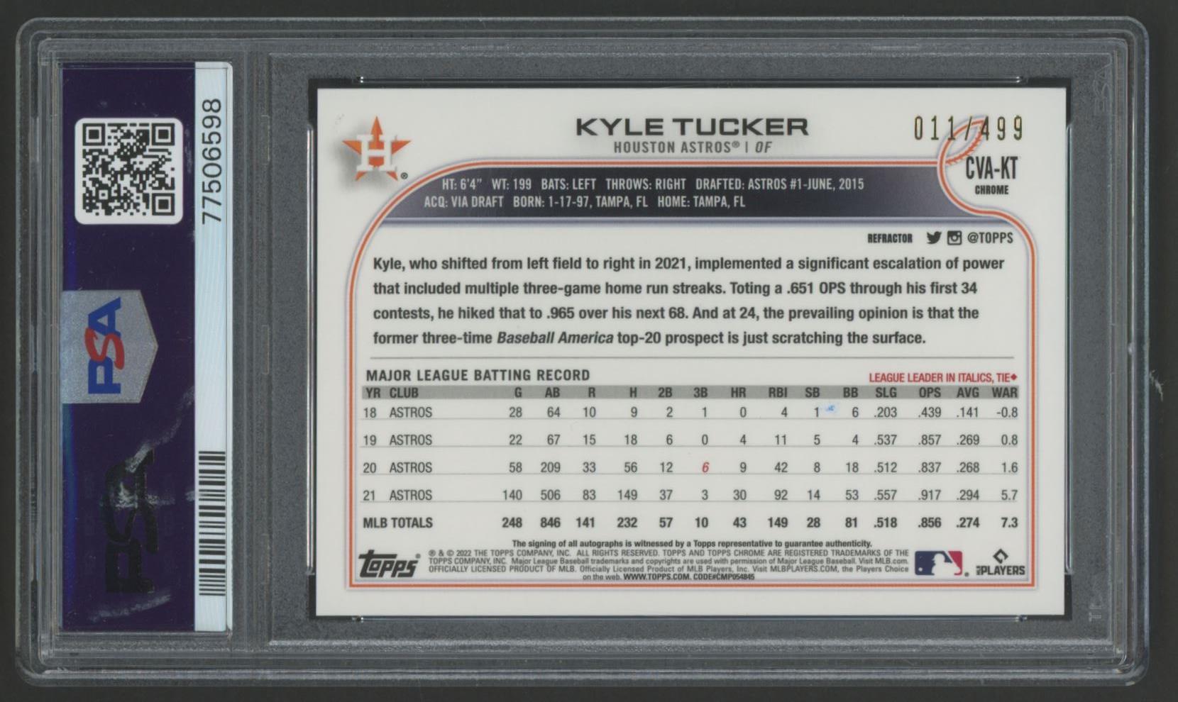 Kyle Tucker 2022 Topps Chrome Veteran Autographs Refractors #CVAKT #11/499 (PSA 9) at PristineAuction.com Kyle Tucker 2022 Topps Chrome Veteran Autographs Refractors #CVAKT #11/499 (PSA 9) at PristineAuction.com