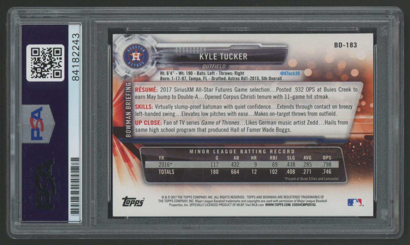 Kyle Tucker Signed 2017 Bowman Draft #BD183 RC (PSA) at PristineAuction.com Kyle Tucker Signed 2017 Bowman Draft #BD183 RC (PSA) at PristineAuction.com