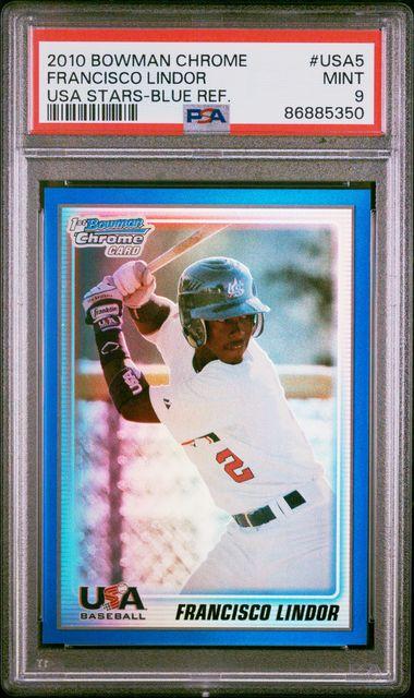 Francisco Lindor 2010 Bowman Chrome #USA5 USA Stars Blue Refractor RC #040/150 (PSA 9) at PristineAuction.com Francisco Lindor 2010 Bowman Chrome #USA5 USA Stars Blue Refractor RC #040/150 (PSA 9) at PristineAuction.com