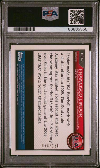 Francisco Lindor 2010 Bowman Chrome #USA5 USA Stars Blue Refractor RC #040/150 (PSA 9) at PristineAuction.com Francisco Lindor 2010 Bowman Chrome #USA5 USA Stars Blue Refractor RC #040/150 (PSA 9) at PristineAuction.com