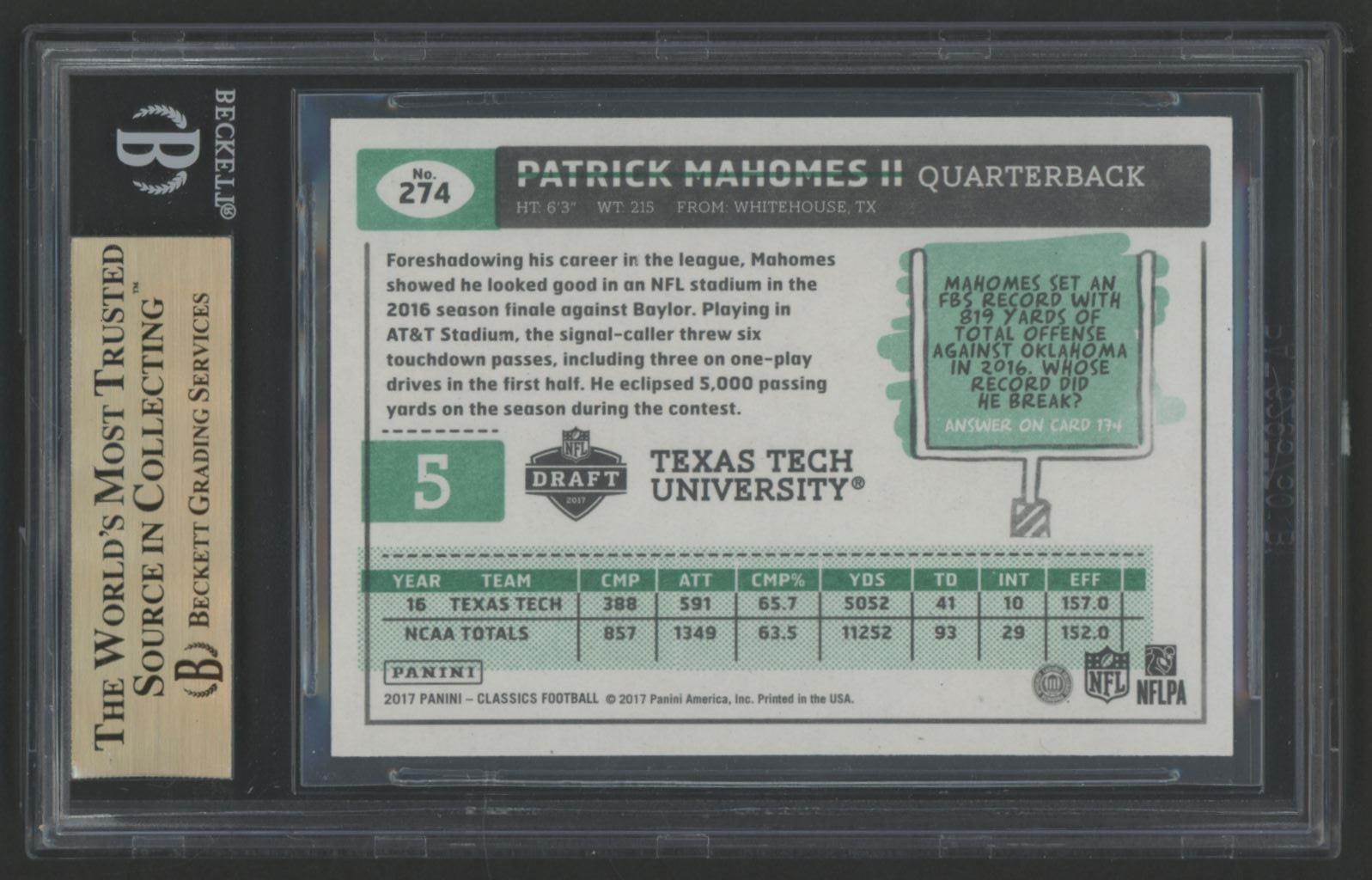 Patrick Mahomes II 2017 Classics #274 RC (BGS 9.5) at PristineAuction.com Patrick Mahomes II 2017 Classics #274 RC (BGS 9.5) at PristineAuction.com