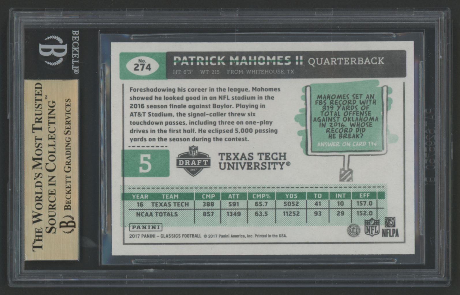Patrick Mahomes II 2017 Classics #274 RC (BGS 9.5) at PristineAuction.com Patrick Mahomes II 2017 Classics #274 RC (BGS 9.5) at PristineAuction.com