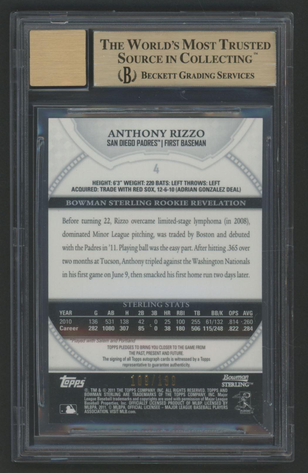 Anthony Rizzo 2011 Bowman Sterling Rookie Autographs Refractors #4 RC #109/199 (BGS 9.5) at PristineAuction.com Anthony Rizzo 2011 Bowman Sterling Rookie Autographs Refractors #4 RC #109/199 (BGS 9.5) at PristineAuction.com
