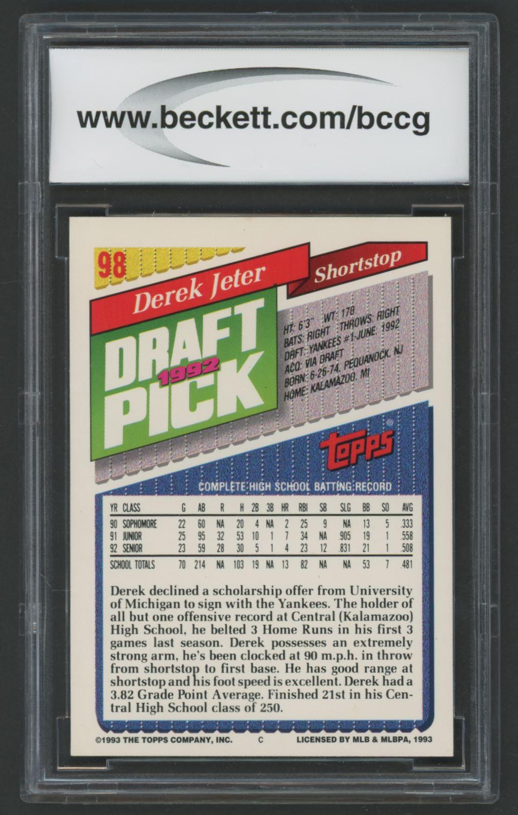 Derek Jeter 1993 Topps Gold #98 RC (BCCG 9) at PristineAuction.com Derek Jeter 1993 Topps Gold #98 RC (BCCG 9) at PristineAuction.com