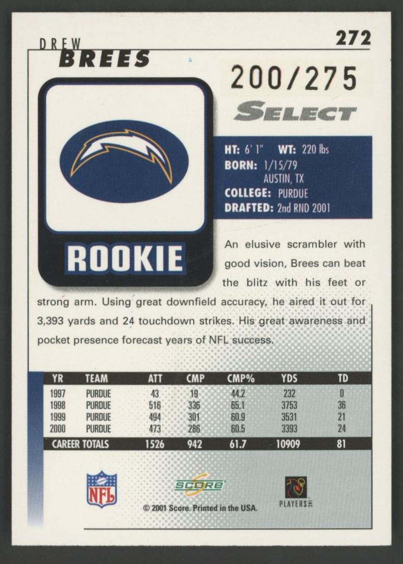 Drew Brees 2001 Select #272 RC #200/275 at PristineAuction.com Drew Brees 2001 Select #272 RC #200/275 at PristineAuction.com