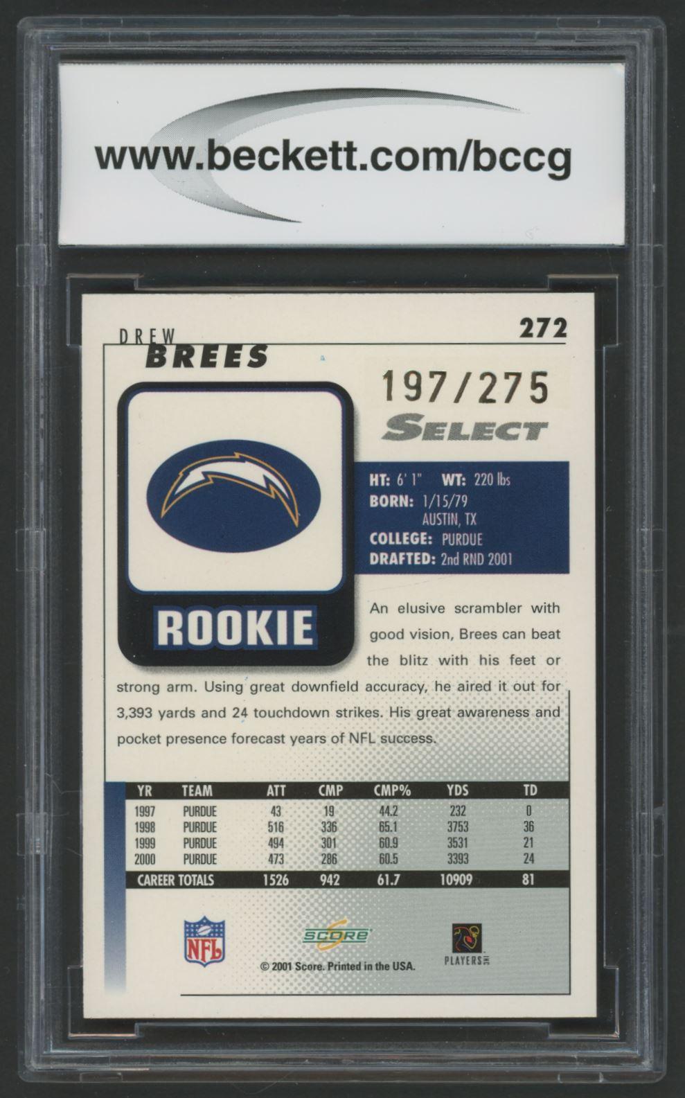 Drew Brees 2001 Select #272 RC #197/275 (BCCG 9) at PristineAuction.com Drew Brees 2001 Select #272 RC #197/275 (BCCG 9) at PristineAuction.com