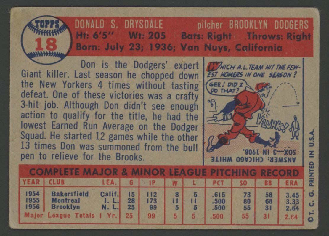 Don Drysdale 1957 Topps #18 RC at PristineAuction.com Don Drysdale 1957 Topps #18 RC at PristineAuction.com