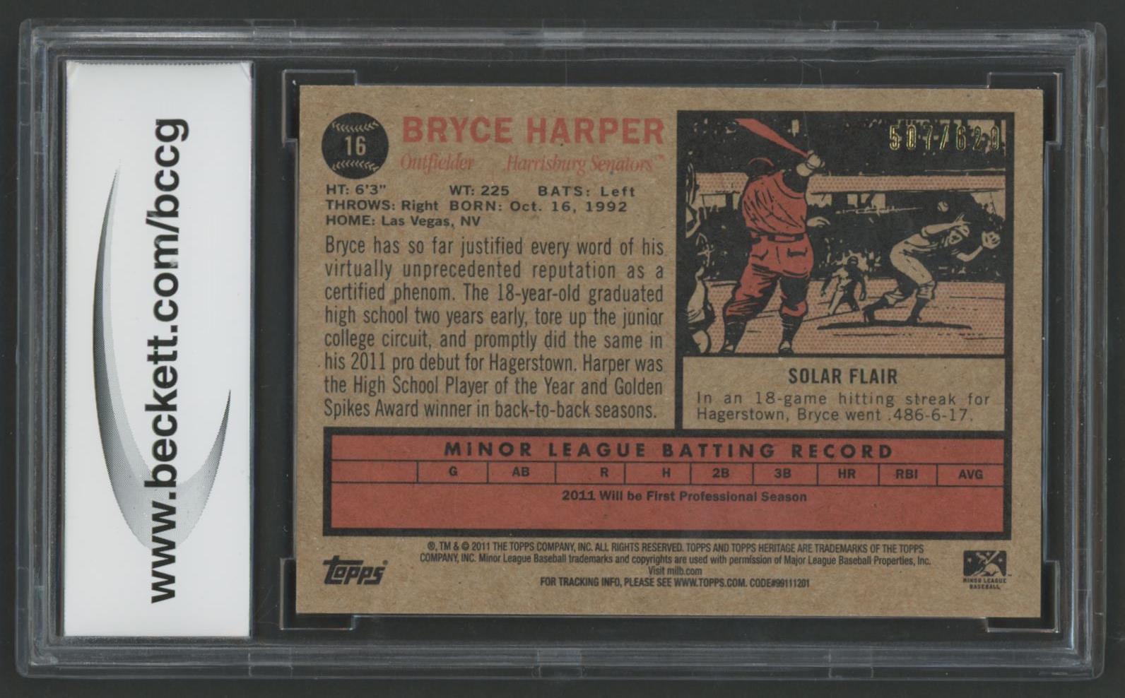 Bryce Harper 2011 Topps Heritage Minors Blue Tint #16 #507/620 (BCCG 10) at PristineAuction.com Bryce Harper 2011 Topps Heritage Minors Blue Tint #16 #507/620 (BCCG 10) at PristineAuction.com