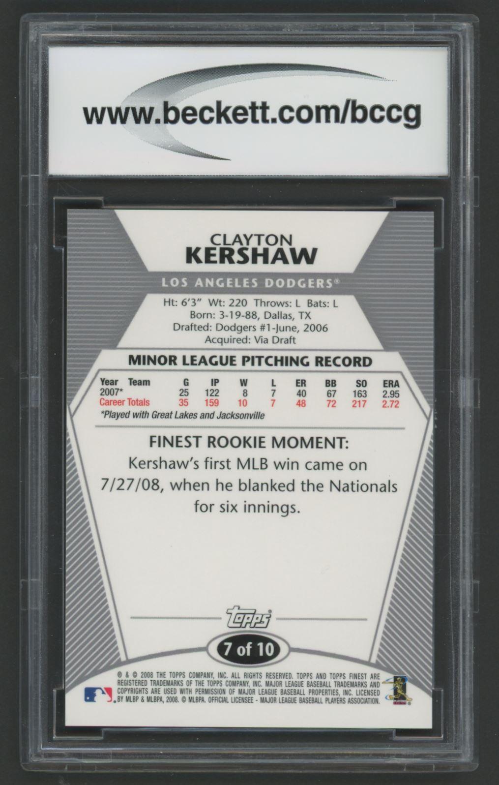 Clayton Kershaw 2008 Finest Rookie Redemption #7 (BCCG 10) at PristineAuction.com Clayton Kershaw 2008 Finest Rookie Redemption #7 (BCCG 10) at PristineAuction.com