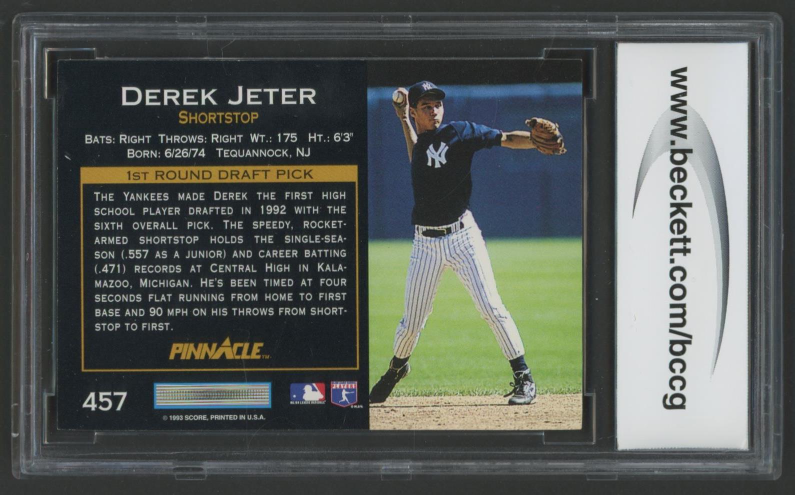 Derek Jeter 1993 Pinnacle #457 RC (BCCG 9) at PristineAuction.com Derek Jeter 1993 Pinnacle #457 RC (BCCG 9) at PristineAuction.com
