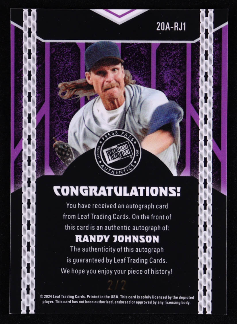 Randy Johnson 2024 Leaf Collective '00 Press Pass Autographs Shimmer Black #20ARJ1 #2/2 at PristineAuction.com Randy Johnson 2024 Leaf Collective '00 Press Pass Autographs Shimmer Black #20ARJ1 #2/2 at PristineAuction.com