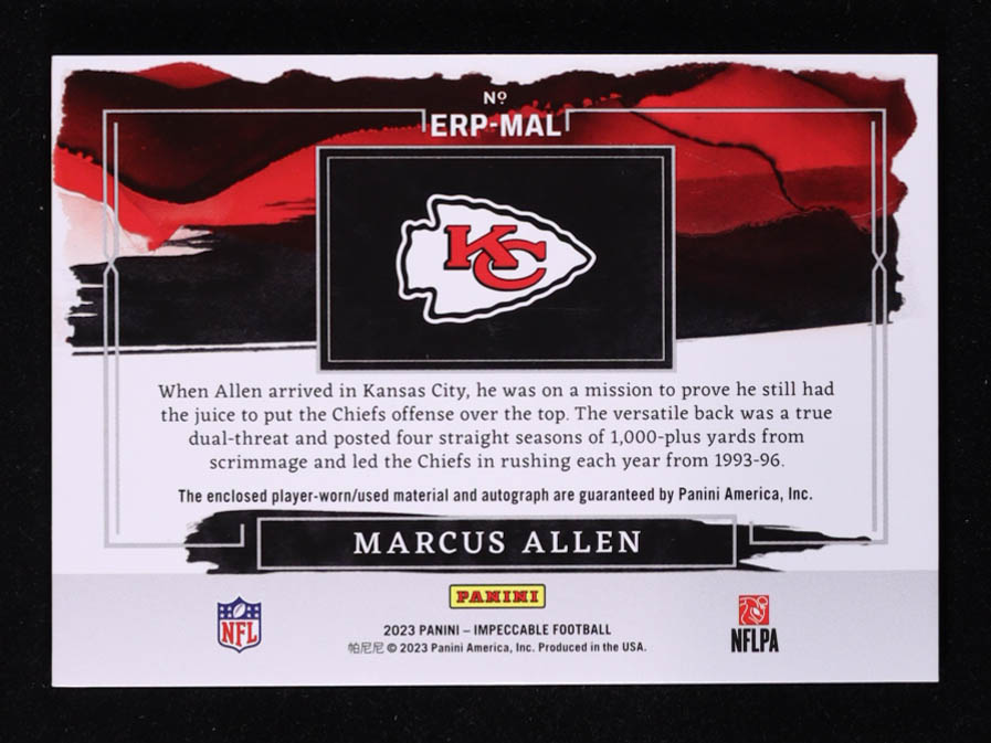 Marcus Allen 2023 Panini Impeccable Elegance Retired Patch Autographs Silver #6 #04/15 at PristineAuction.com Marcus Allen 2023 Panini Impeccable Elegance Retired Patch Autographs Silver #6 #04/15 at PristineAuction.com