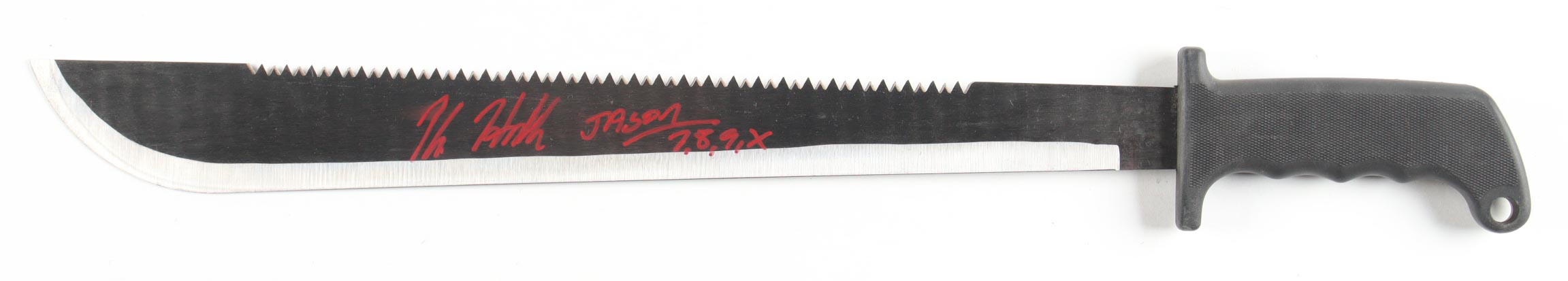 Kane Hodder Signed "Friday the 13th" 23" Steel Machete Inscribed "Jason 7, 8, 9, X" (JSA) at PristineAuction.com Kane Hodder Signed "Friday the 13th" 23" Steel Machete Inscribed "Jason 7, 8, 9, X" (JSA) at PristineAuction.com