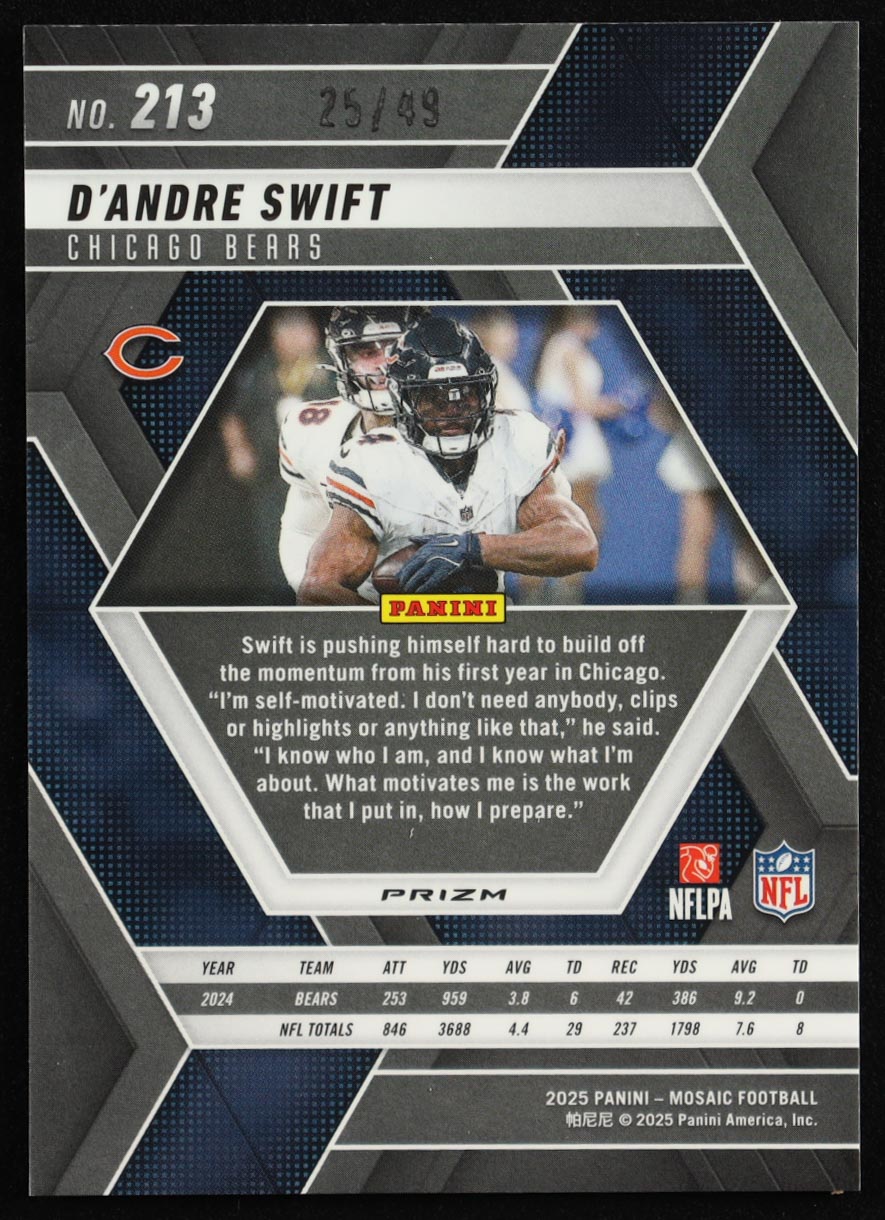 D'Andre Swift 2025 Panini Mosaic Mosaic Purple #213 #25/49 at PristineAuction.com D'Andre Swift 2025 Panini Mosaic Mosaic Purple #213 #25/49 at PristineAuction.com