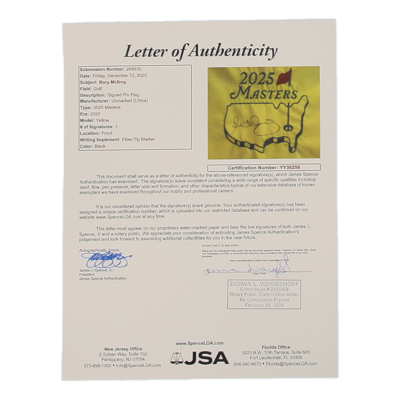 Rory McIlroy Signed 2025 Masters Tournament Pin Flag (JSA) at PristineAuction.com Rory McIlroy Signed 2025 Masters Tournament Pin Flag (JSA) at PristineAuction.com