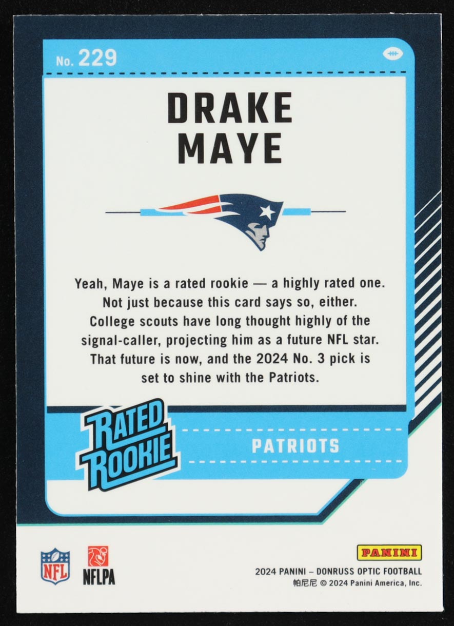 Drake Maye 2024 Donruss Optic #229 RC at PristineAuction.com Drake Maye 2024 Donruss Optic #229 RC at PristineAuction.com