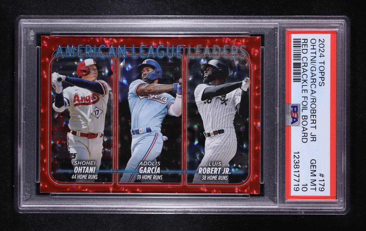 Shohei Ohtani / Adolis Garcia / Luis Robert Jr. 2024 Topps Series One Red Crackle Foil Board #179 #160/199 (PSA 10) at PristineAuction.com Shohei Ohtani / Adolis Garcia / Luis Robert Jr. 2024 Topps Series One Red Crackle Foil Board #179 #160/199 (PSA 10) at PristineAuction.com
