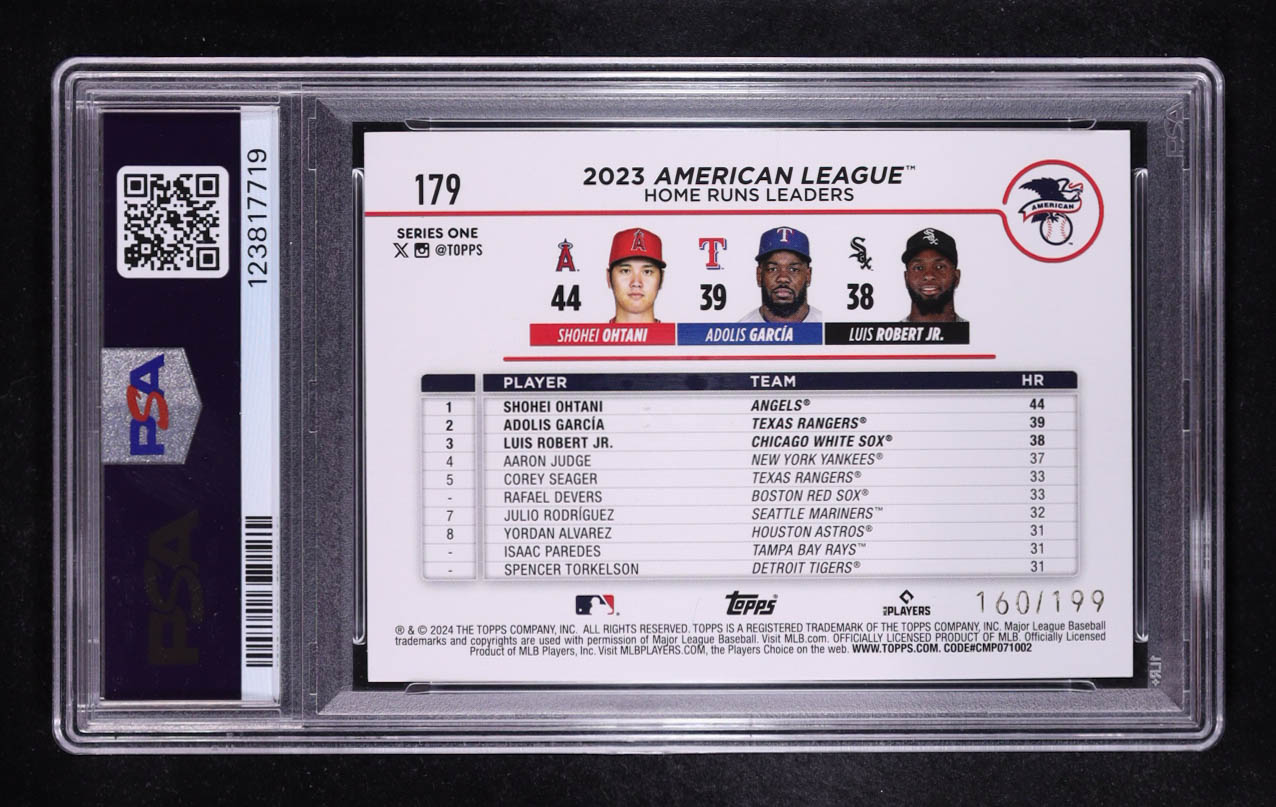 Shohei Ohtani / Adolis Garcia / Luis Robert Jr. 2024 Topps Series One Red Crackle Foil Board #179 #160/199 (PSA 10) at PristineAuction.com Shohei Ohtani / Adolis Garcia / Luis Robert Jr. 2024 Topps Series One Red Crackle Foil Board #179 #160/199 (PSA 10) at PristineAuction.com