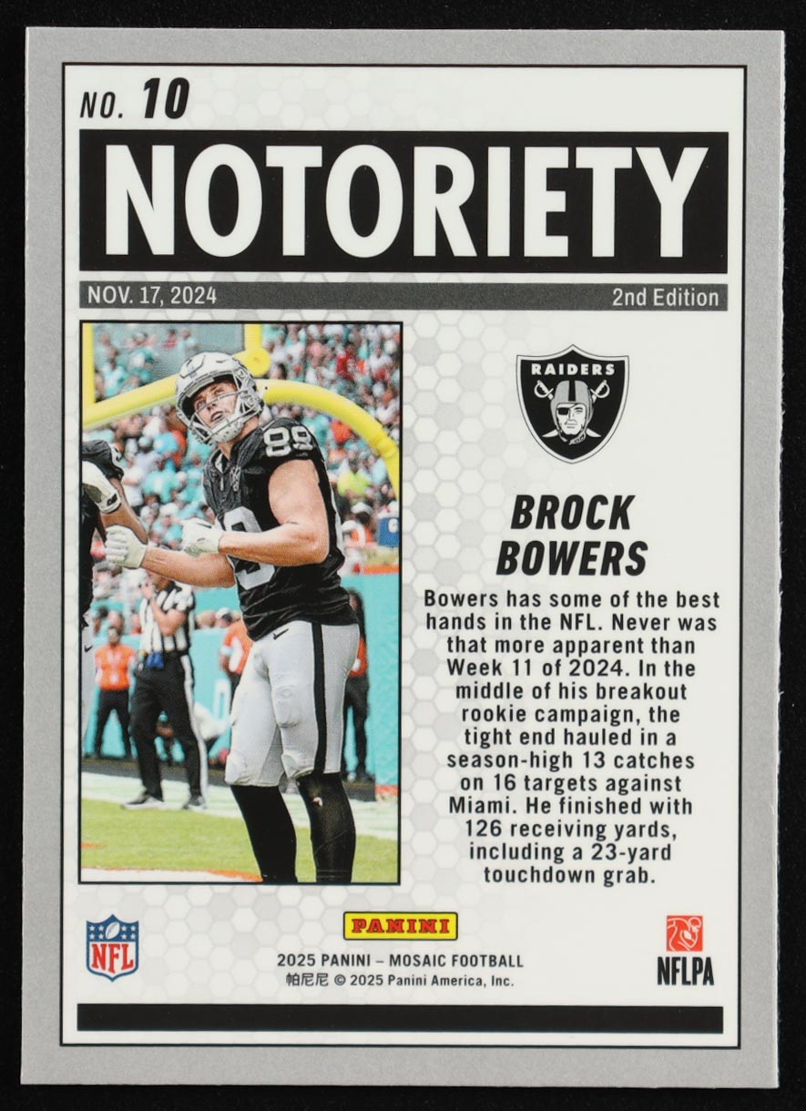 Brock Bowers 2025 Panini Mosaic Notoriety Mosaic #10 at PristineAuction.com Brock Bowers 2025 Panini Mosaic Notoriety Mosaic #10 at PristineAuction.com
