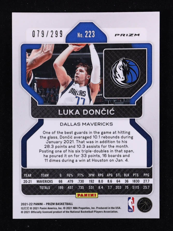 Luka Doncic 2021-22 Panini Prizm Prizms Red #223 #079/299 at PristineAuction.com Luka Doncic 2021-22 Panini Prizm Prizms Red #223 #079/299 at PristineAuction.com