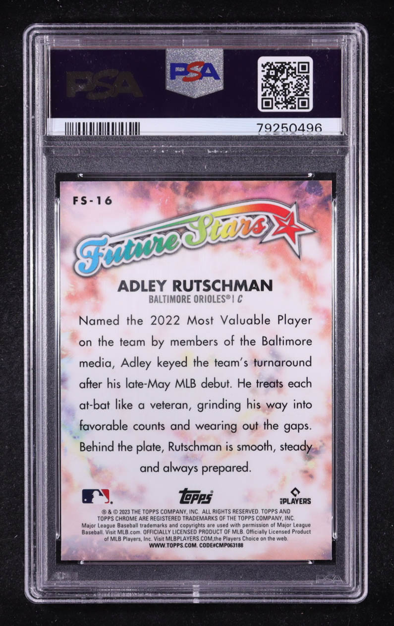 Adley Rutschman 2023 Topps Chrome Future Stars #FS16 RC (PSA 10) at PristineAuction.com Adley Rutschman 2023 Topps Chrome Future Stars #FS16 RC (PSA 10) at PristineAuction.com