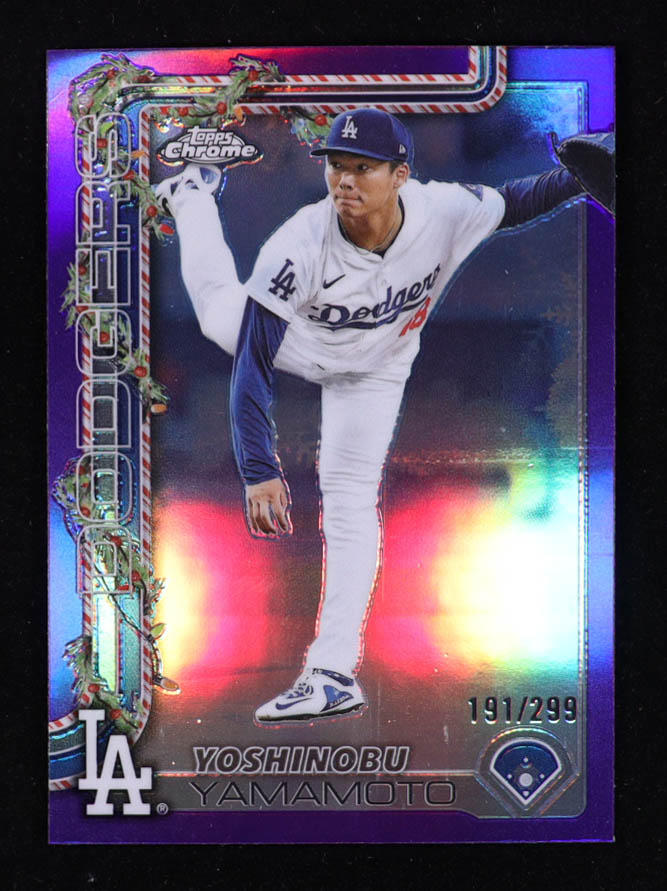 Yoshinobu Yamamoto 2025 Topps Holiday Chrome Purple Refractors #HC159 #191/299 at PristineAuction.com Yoshinobu Yamamoto 2025 Topps Holiday Chrome Purple Refractors #HC159 #191/299 at PristineAuction.com