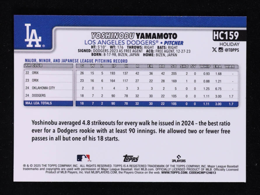 Yoshinobu Yamamoto 2025 Topps Holiday Chrome Purple Refractors #HC159 #191/299 at PristineAuction.com Yoshinobu Yamamoto 2025 Topps Holiday Chrome Purple Refractors #HC159 #191/299 at PristineAuction.com