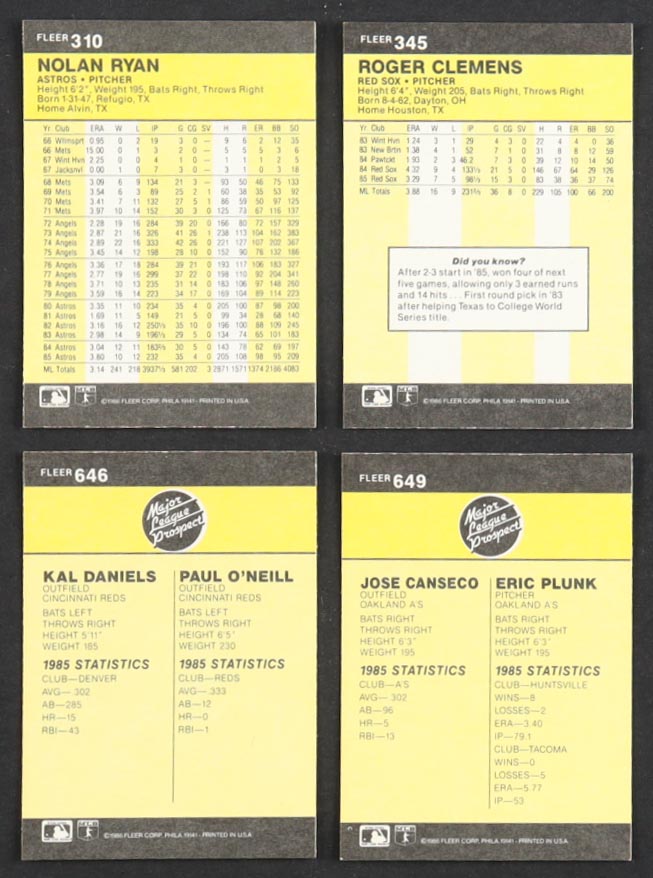 1986 Fleer Baseball Complete Set of (660) Cards with Jose Canseco #649 RC, Roger Clemens #345, Nolan Ryan #310, Paul O’Neill #646 RC at PristineAuction.com 1986 Fleer Baseball Complete Set of (660) Cards with Jose Canseco #649 RC, Roger Clemens #345, Nolan Ryan #310, Paul O’Neill #646 RC at PristineAuction.com