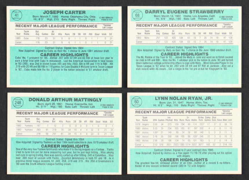 1984 Donruss Baseball Complete Set of (660) Cards with Don Mattingly #248 RC, Darryl Strawberry #68 RC, Joe Carter #41 RR RC, Nolan Ryan #60 at PristineAuction.com 1984 Donruss Baseball Complete Set of (660) Cards with Don Mattingly #248 RC, Darryl Strawberry #68 RC, Joe Carter #41 RR RC, Nolan Ryan #60 at PristineAuction.com