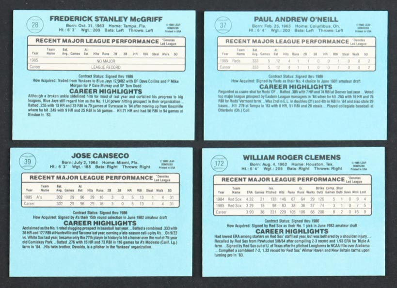 1986 Donruss Baseball Complete Factory Set of (660) Cards with Jose Canseco #39 RC, Fred McGriff #28 RC, Roger Clemens #172, Paul O’Neill #37 RC at PristineAuction.com 1986 Donruss Baseball Complete Factory Set of (660) Cards with Jose Canseco #39 RC, Fred McGriff #28 RC, Roger Clemens #172, Paul O’Neill #37 RC at PristineAuction.com