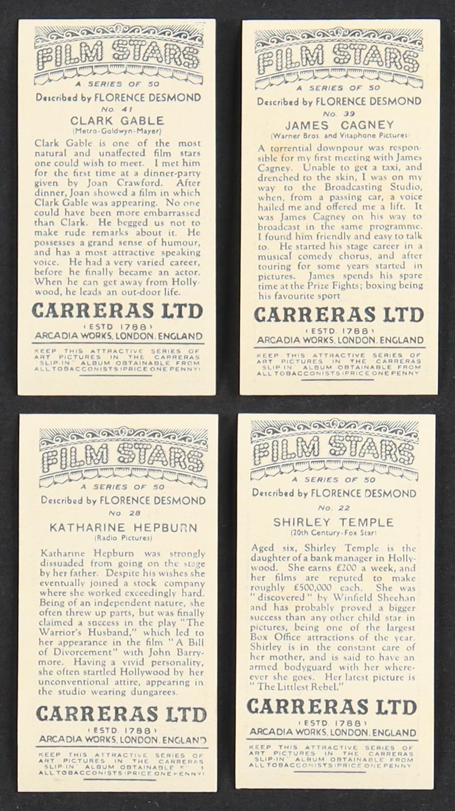 1936 Carreras Film Stars Complete Set of (50) Cigarette Cards with Clark Gable #41, Shirley Temple #22, James Cagney, and Katharine Hepburn at PristineAuction.com 1936 Carreras Film Stars Complete Set of (50) Cigarette Cards with Clark Gable #41, Shirley Temple #22, James Cagney, and Katharine Hepburn at PristineAuction.com
