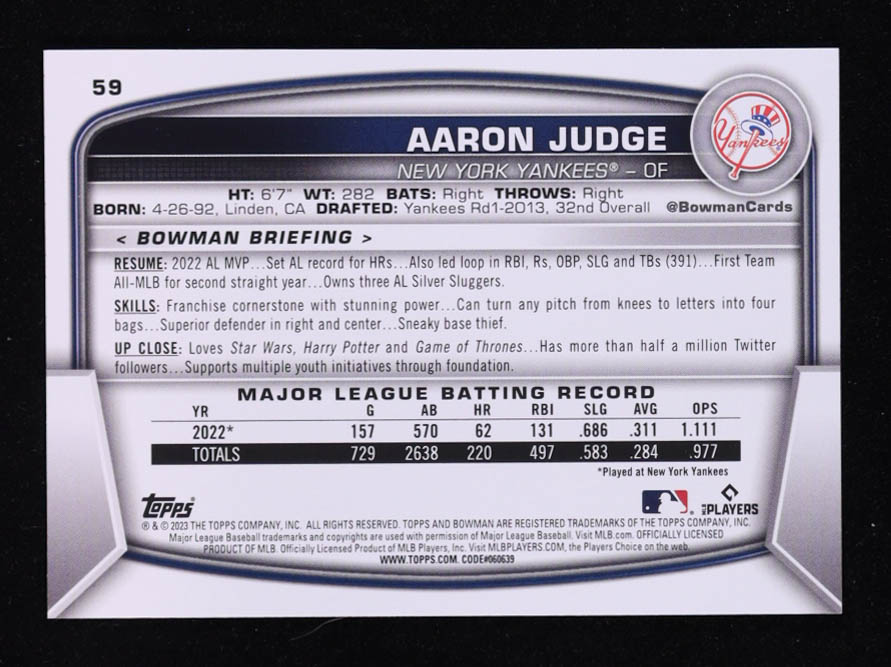 Aaron Judge 2023 Bowman #59 at PristineAuction.com Aaron Judge 2023 Bowman #59 at PristineAuction.com